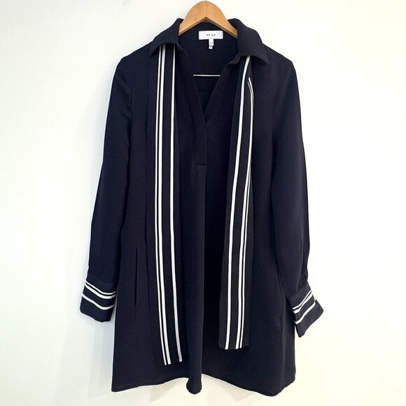 REISS Feya Navy Blue Stripe Detail Mini Dress Long Sleeve Pockets UK 6 US 2 - Picture 2 of 14